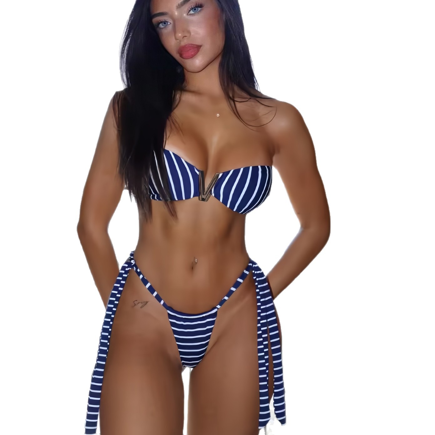 New Arrival Blue And White Striped Printed Bikini Swimsuit