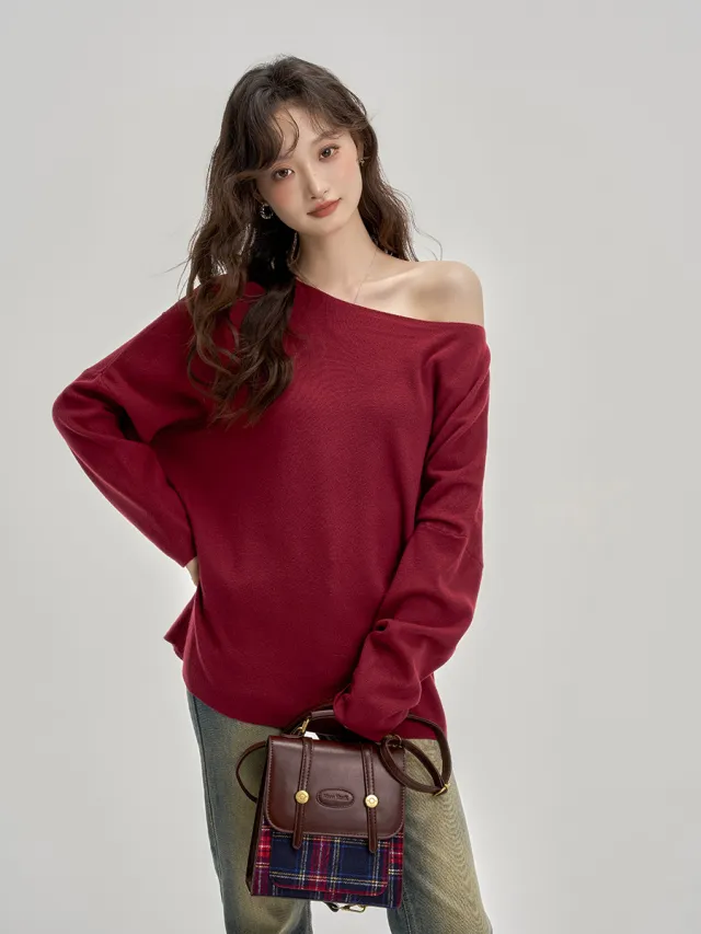 Oblique Shoulder Revealing Collarbone Soft Knit Base Shirt Wine Red - Shop at LoveMi