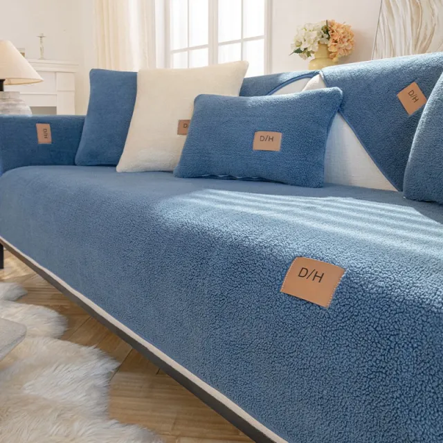 Lambswool Thickened Fleece Cushion Non slip Leather Sofa Cover Lambswool Light Blue - Shop at LoveMi