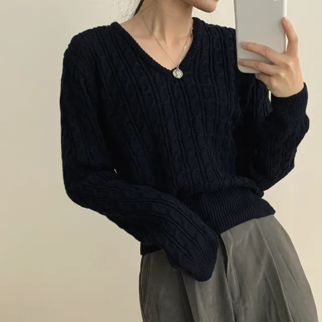 Twist knit V neck Waist cinching Long sleeve Knit Sweater Black - Shop at LoveMi