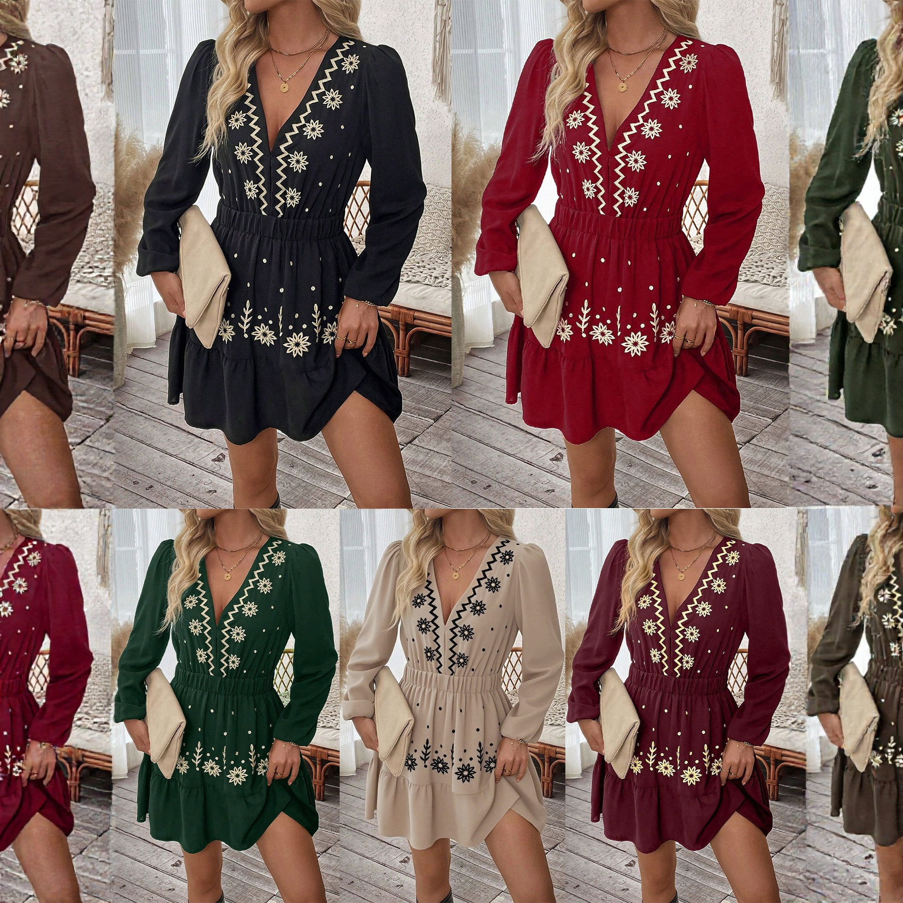 Embroidered Deep V-Neck Long-Sleeve European And American-Style Dress