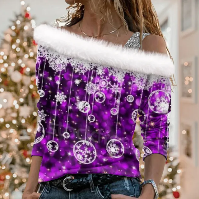 Christmas Element Printed Long Sleeve Diagonal Collar Pullover Women's T shirt Bmzyzlj013 3Xl - Shop at LoveMi