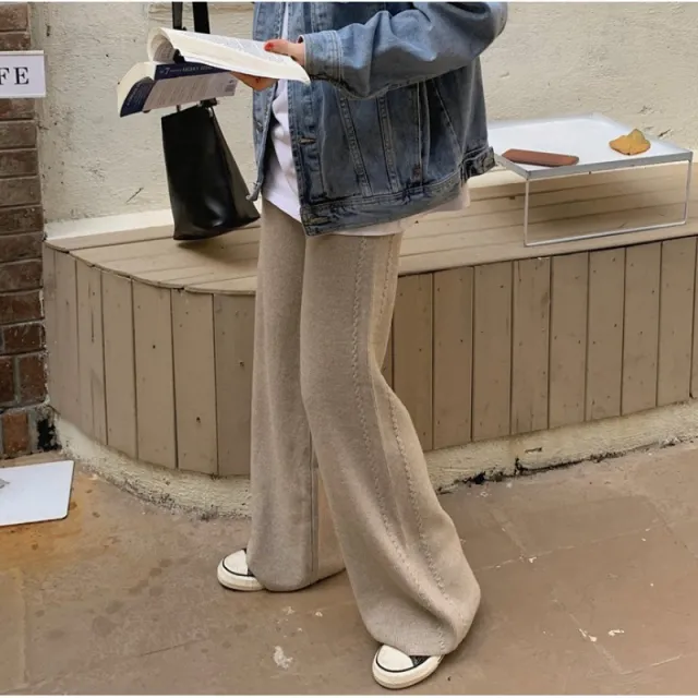 Women's Twist covering Knitted Wide leg Pants Khaki - Shop at LoveMi