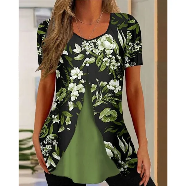 Women's Floral Print Round Neck False Two Pieces Button Short Sleeve T shirt 08Style - Shop at LoveMi