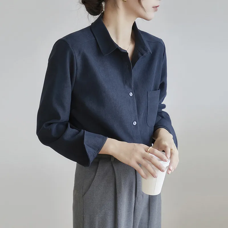 New Autumn And Winter Bandage Dress Shirt For Women - Navy Blue