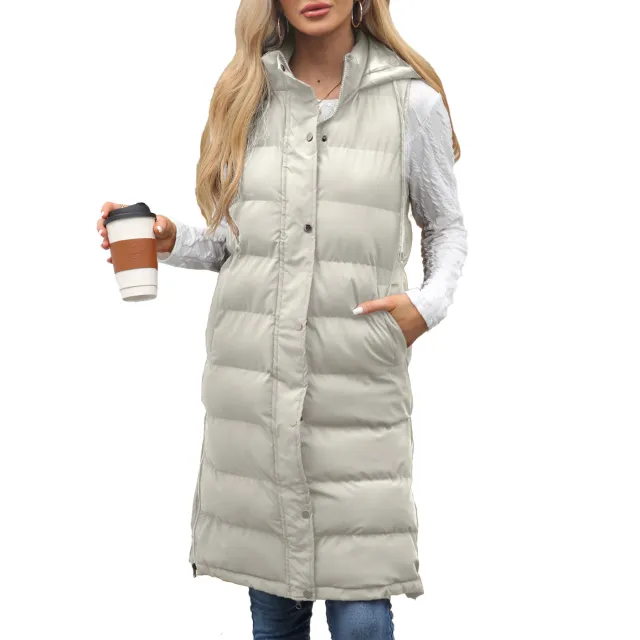 Ladies Hooded Sleeveless Zipper Cotton Padded Thickened Beige - Shop at LoveMi