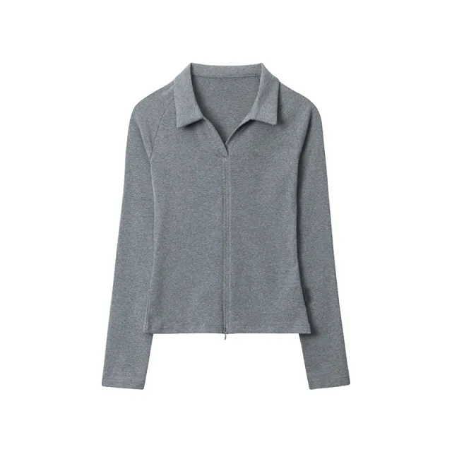 Polo Collar Top Niche Zipper Design Slim fit Cardigan Dark Gray Melange - Shop at LoveMi