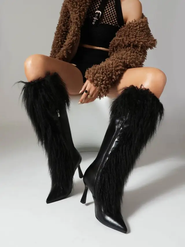 Womens Tassel Boots Stylish HighHeel Long Boots With A Side Zipper Black - Shop at LoveMi