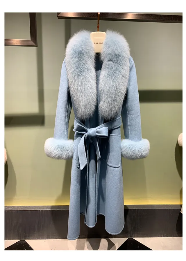 Winter Warm Lace up Long Woolen Coat Blue - Shop at LoveMi