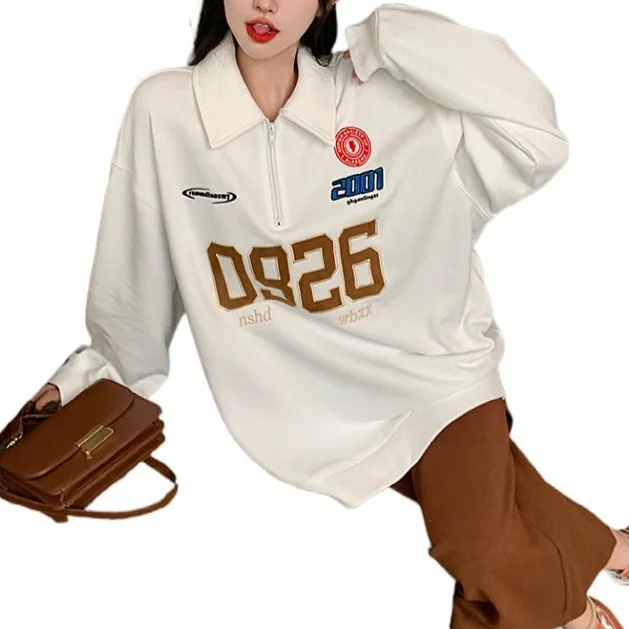 Women's American style Retro Digital Printing Plus Size Sweater White With Fleece Lining - Shop at LoveMi
