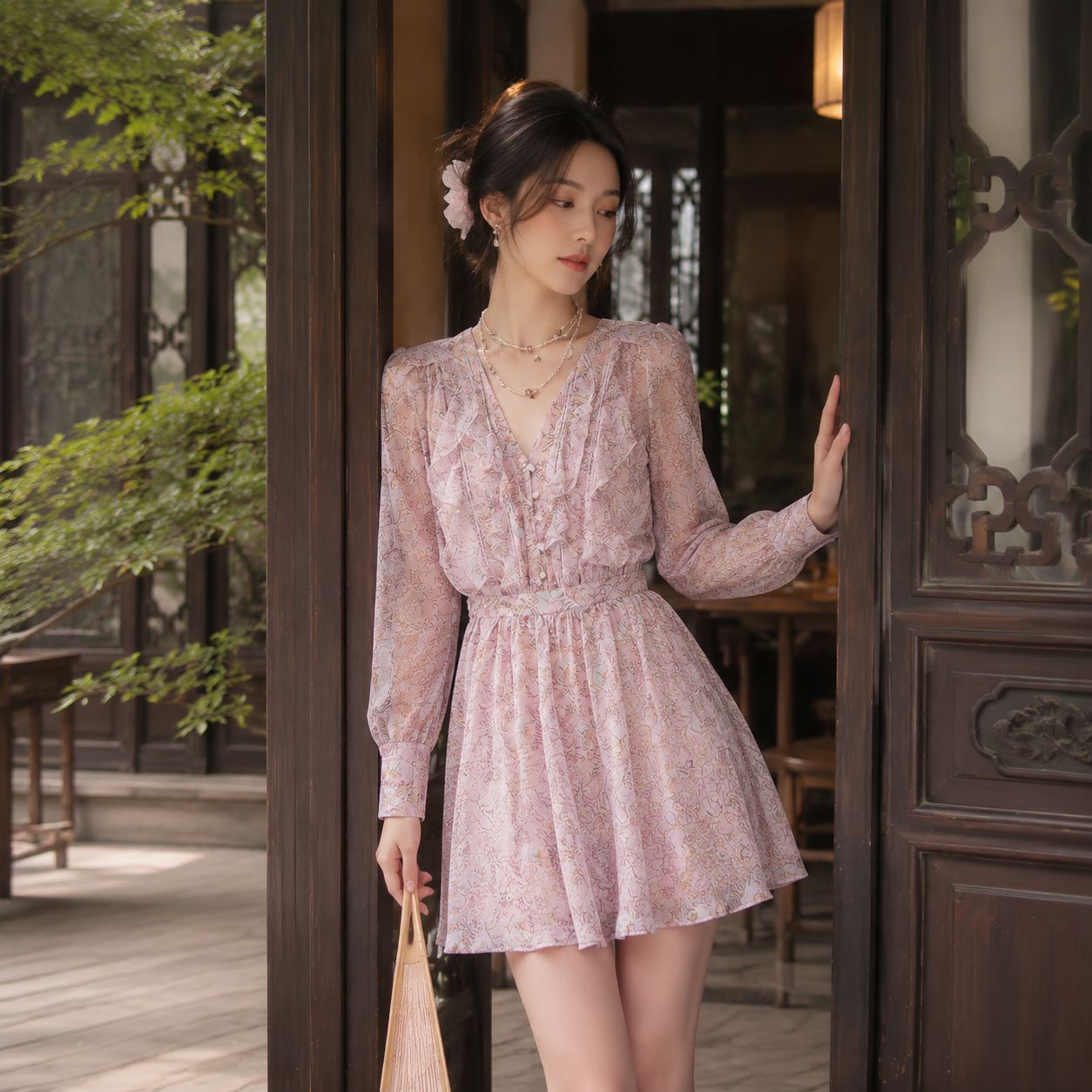 Ruffled Long-sleeve Waist-cinching Cropped Style For Petite Figures