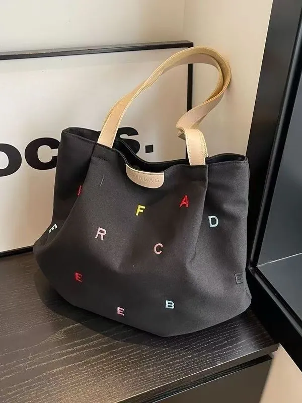 Embroidered Letter Handbag Solid Color Shoulder Tote Bag Black - Shop at LoveMi