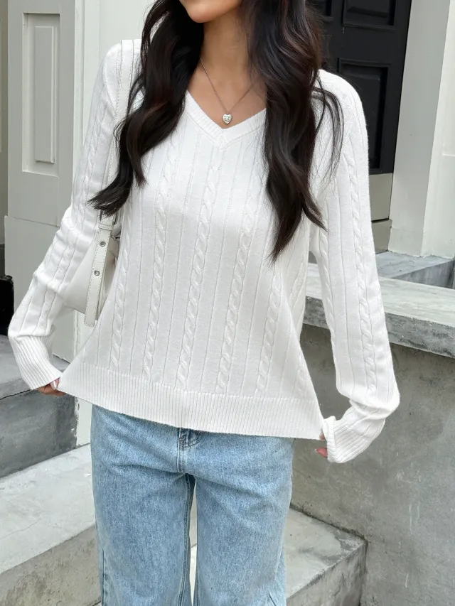 Women's V neck Woolen Long sleeved Sweater White - Shop at LoveMi