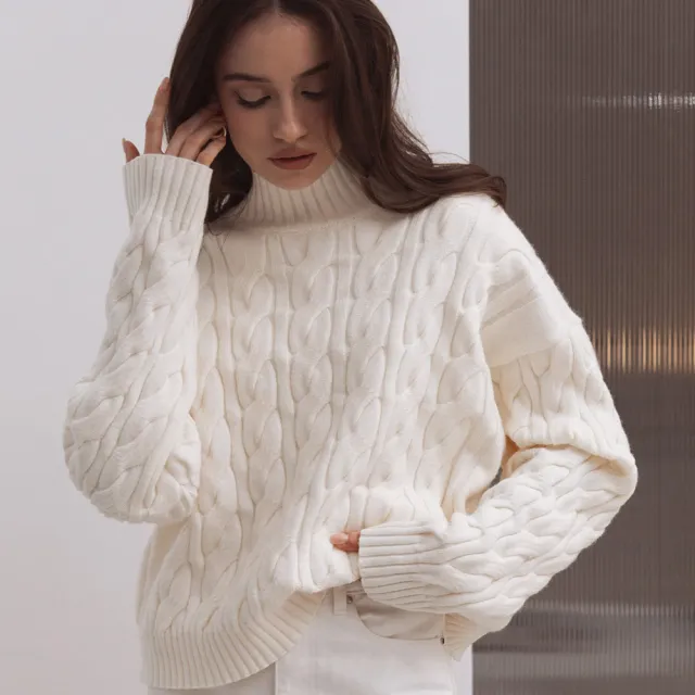 Mock Neck Cable knit Sweater Loose Pullover Women White - Shop at LoveMi