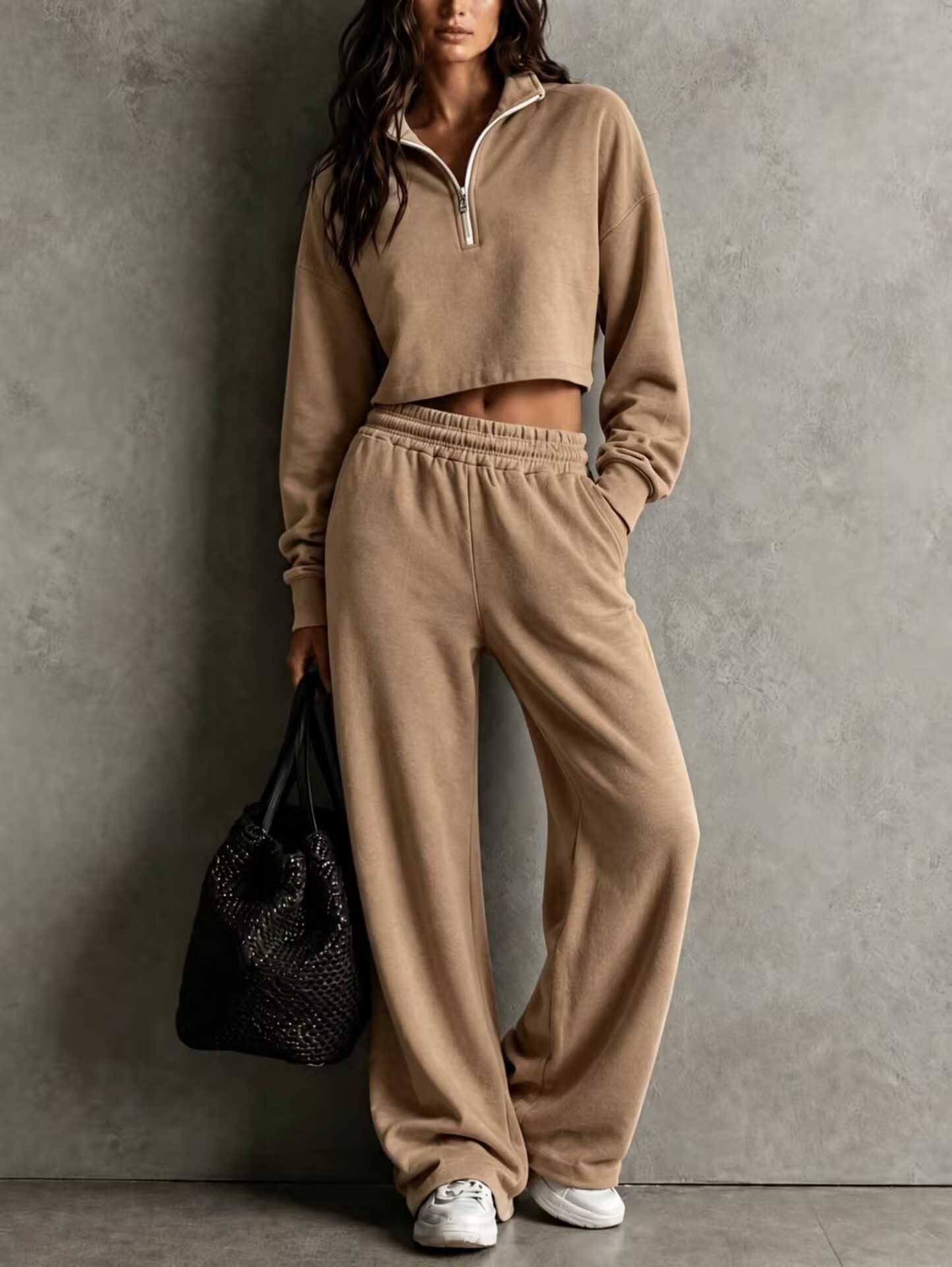 Womens Loose-fitting Half-zip Top And Wide-leg Pants Set 8