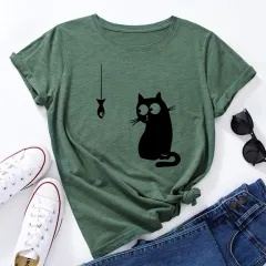 Women's Cute Cat Loose Round Neck Cotton Short Sleeve - Army Green - View 1