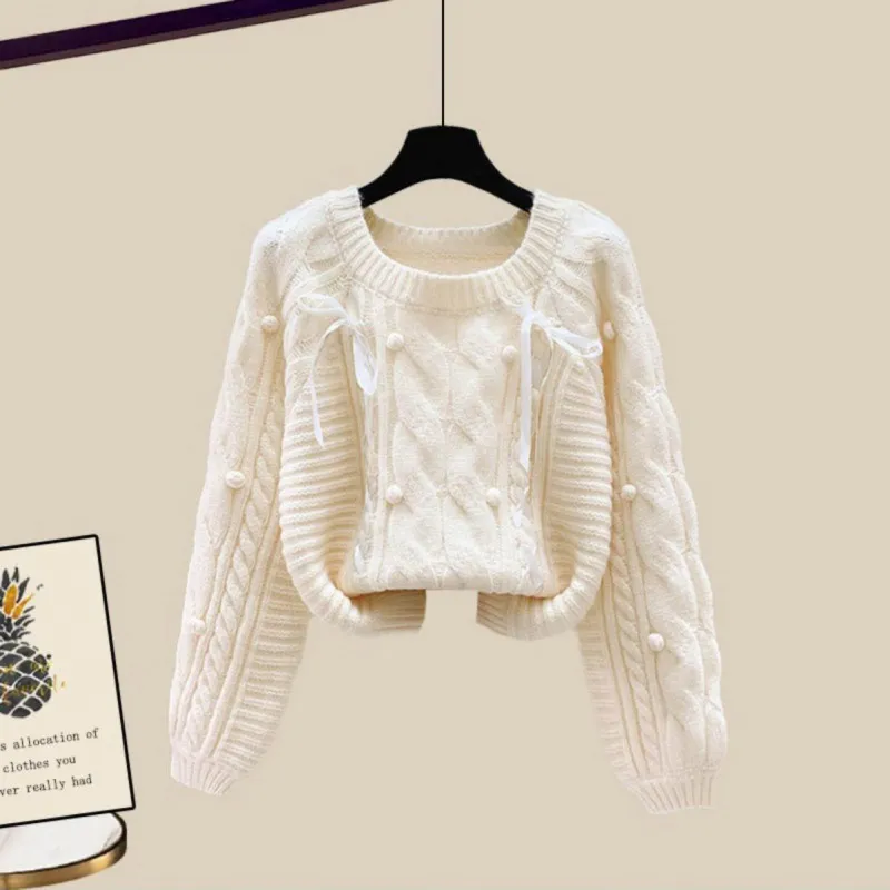 Three-piece Vest Thickened Sweater Wide-leg Pants Women's Suit - Apricot