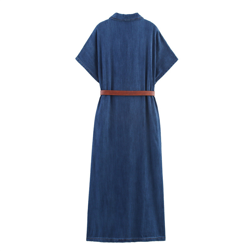 European And American With Belt Denim Short Sleeve Dress