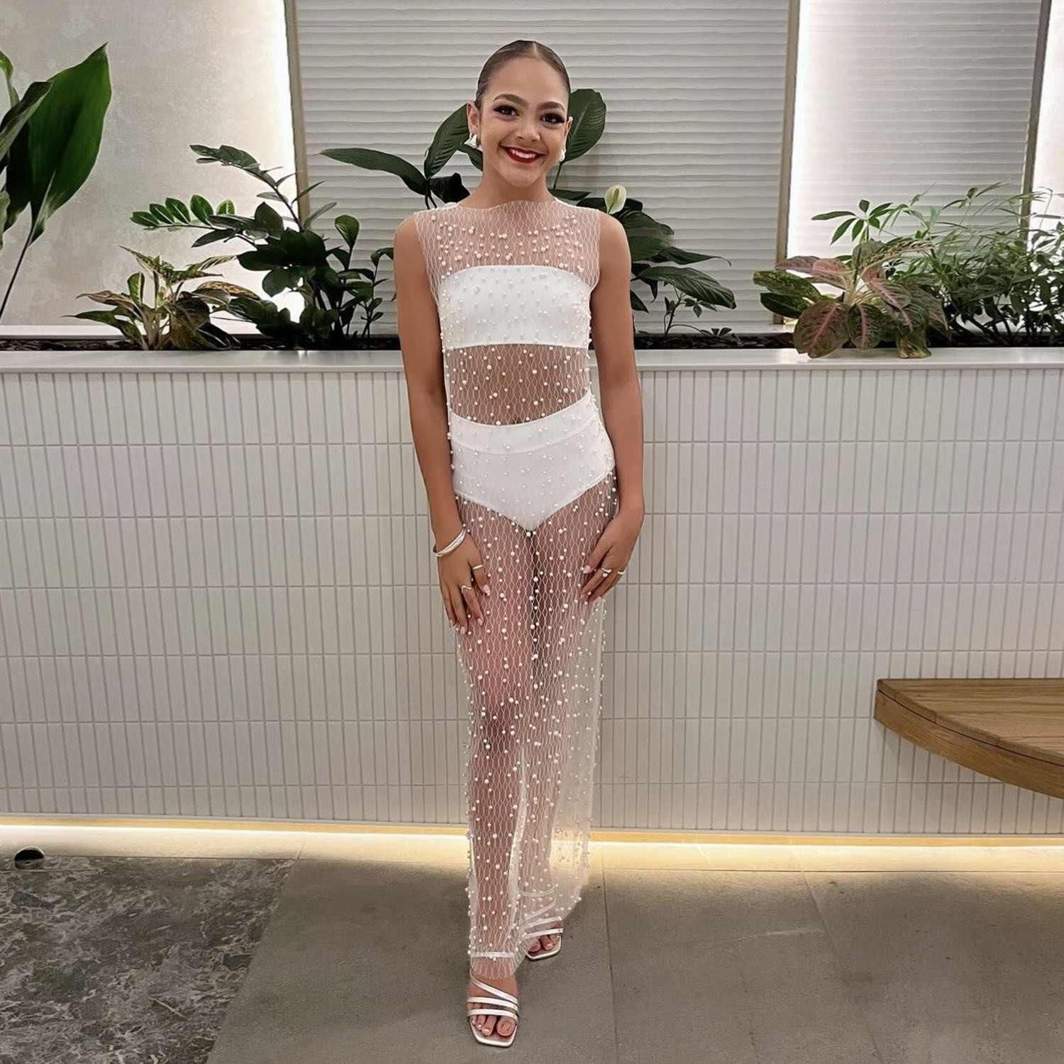 Women's Mesh Bubble Beads Sheer Top Long Dress