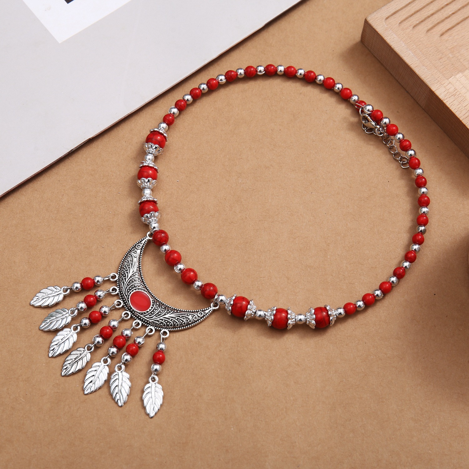Ethnic-style Colorful Crackle-bead Pendant Necklace With Alloy Accents