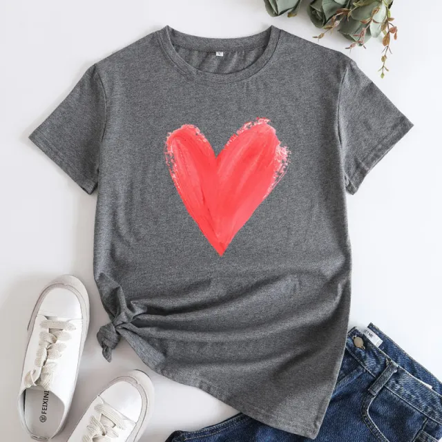 Women's Heart Printing Round Neck Short sleeved T shirt Dark Gray - Shop at LoveMi