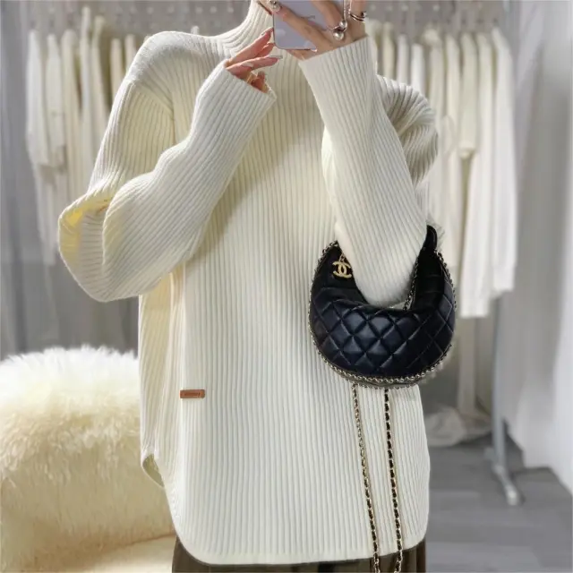 High Neck Split Knitted Women's Long sleeved Sweater Creamy White - Shop at LoveMi