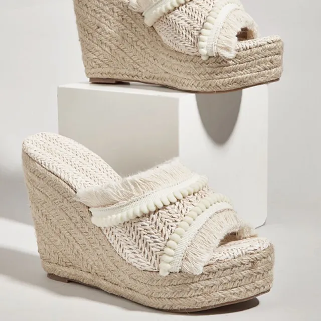 Women's Daily Outdoor Tassel Wedge Hemp Rope Slippers Apricot - Shop at LoveMi