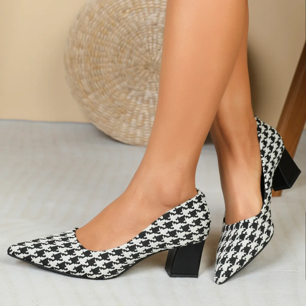Houndstooth High Heels Women Low-cut Chunky Heel Shoes - Black