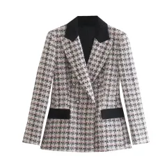 Colour Collision Design Suit Jacket Autumn And Winter New Polo Collar Texture Mid-length Coat - Black White Powder - View 1