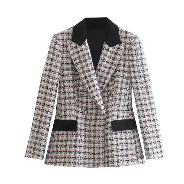 Color Collision Design Suit Jacket Autumn And Winter New Polo Collar Texture Mid length Coat Black White Powder - Shop at LoveMi