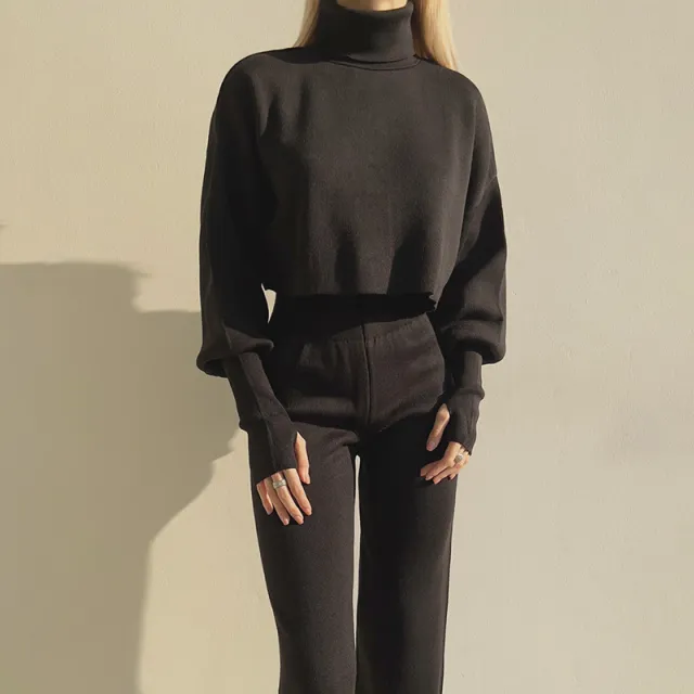 Autumn And Winter New European And American Turtleneck Loose Long Sleeve Top Female Casual Fashion Set Black - Shop at LoveMi