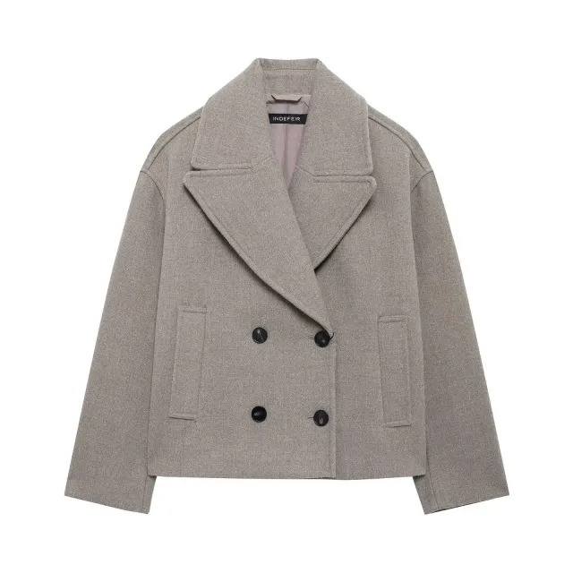 Elegant Lapel Double Breasted Woolen Coat Flower Gray - Shop at LoveMi