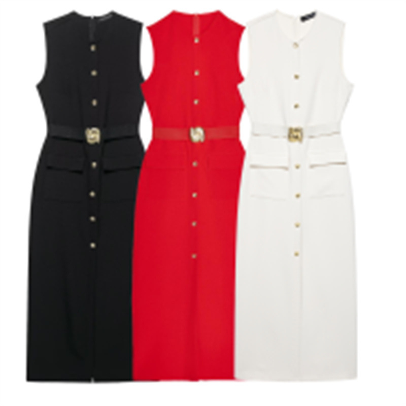 Sleeveless Round Neck Button Slim Fit Long Dress Fashion
