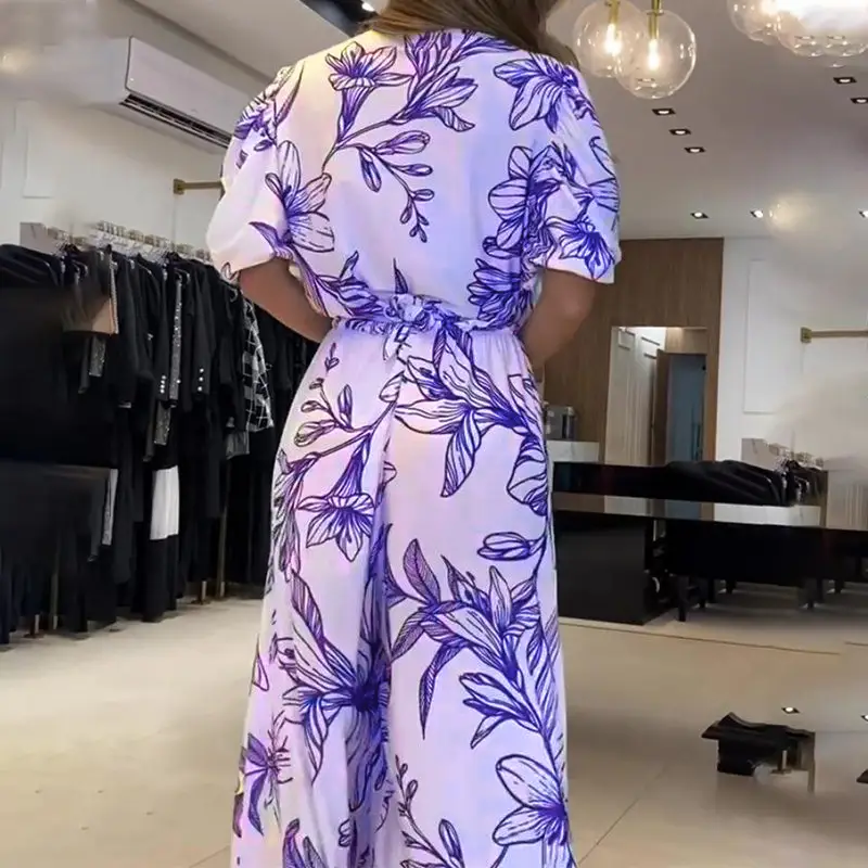 Women's Fashionable V-neck Loose Midi Printed Dress