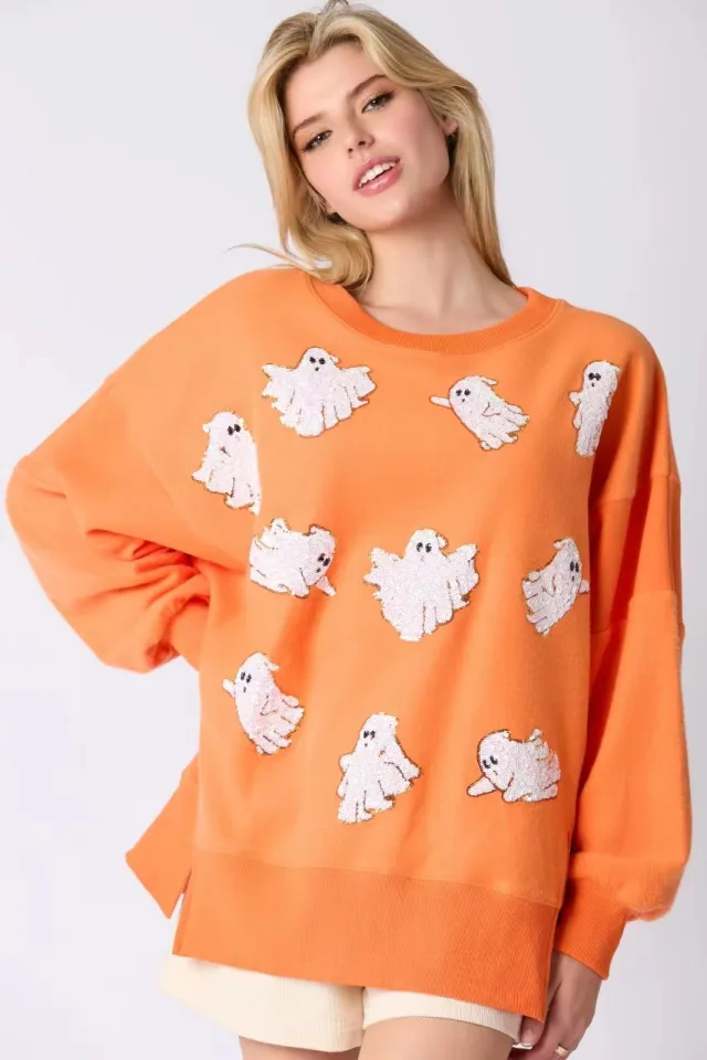 Women's Halloween Ghost Sequined Top Casual Loose Sweatshirt Orange - Shop at LoveMi