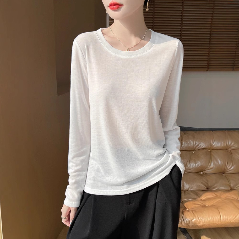 Womens Round-neck Slightly Sheer Long-sleeved Elegant Versatile Lightweight Base Shirt