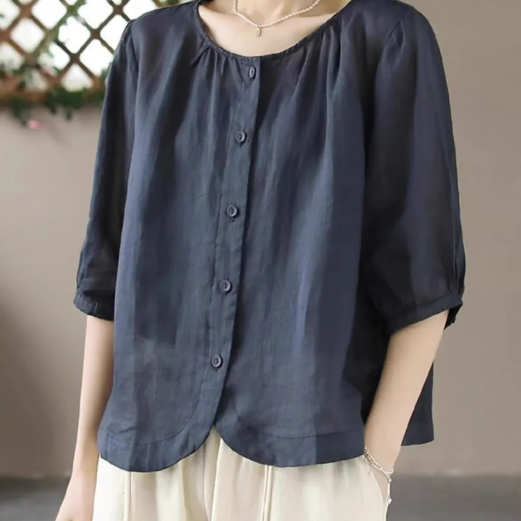 Cotton And Linen Shirt Women's Elegant Single-breasted Round Neck Top - Blue