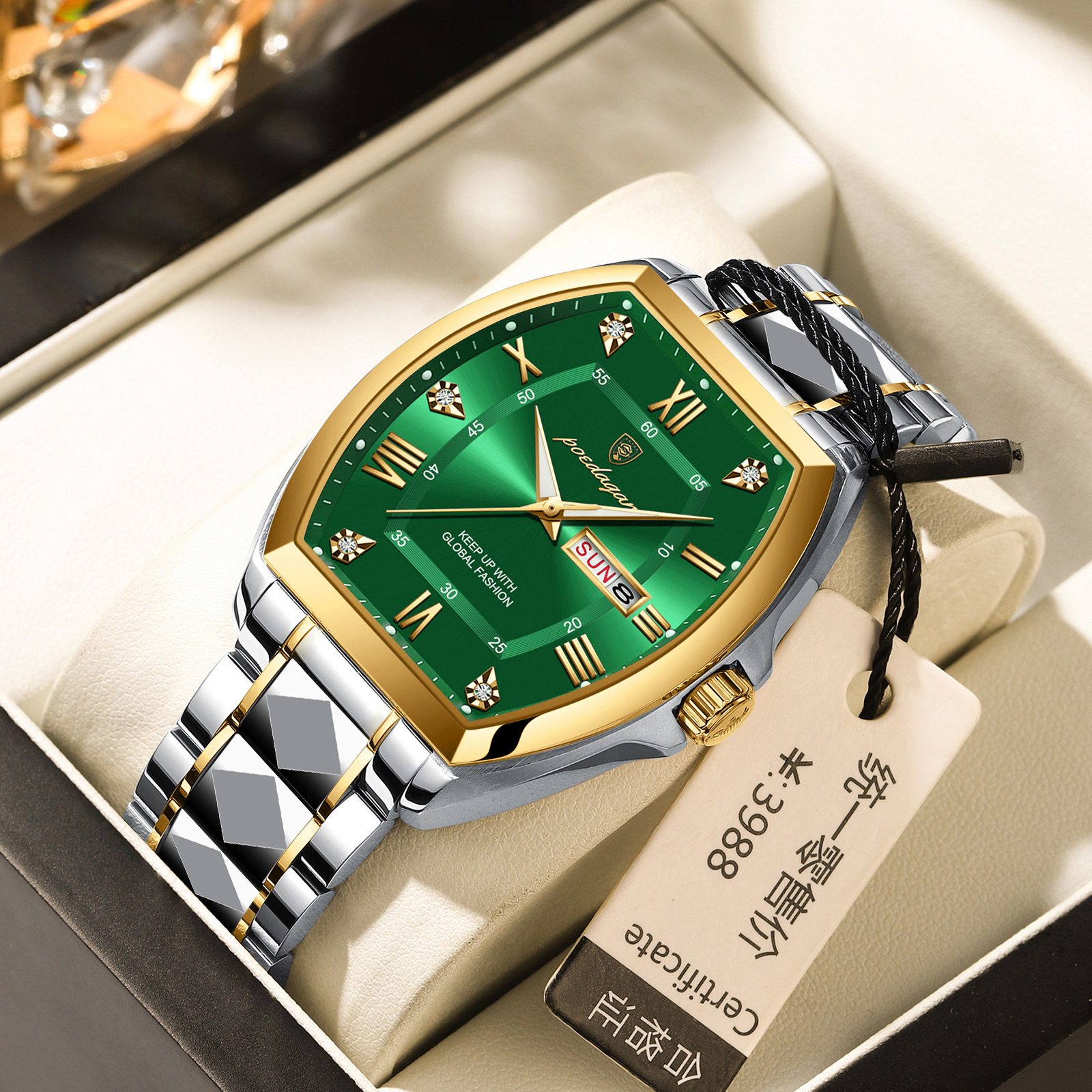 Waterproof Luminous Barrel-shaped Quartz Mens Watch Golden Green Surface
