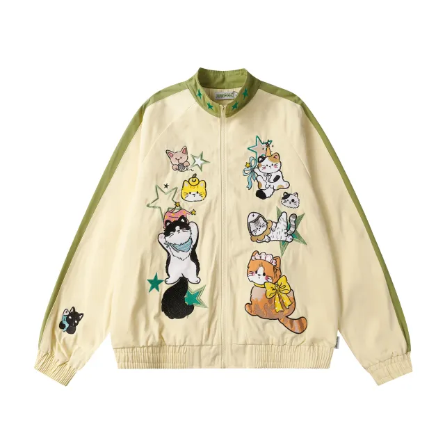 Heavy Industry Stitching Cartoon Cat Embroidered Jacket Cardigan Apricot - Shop at LoveMi