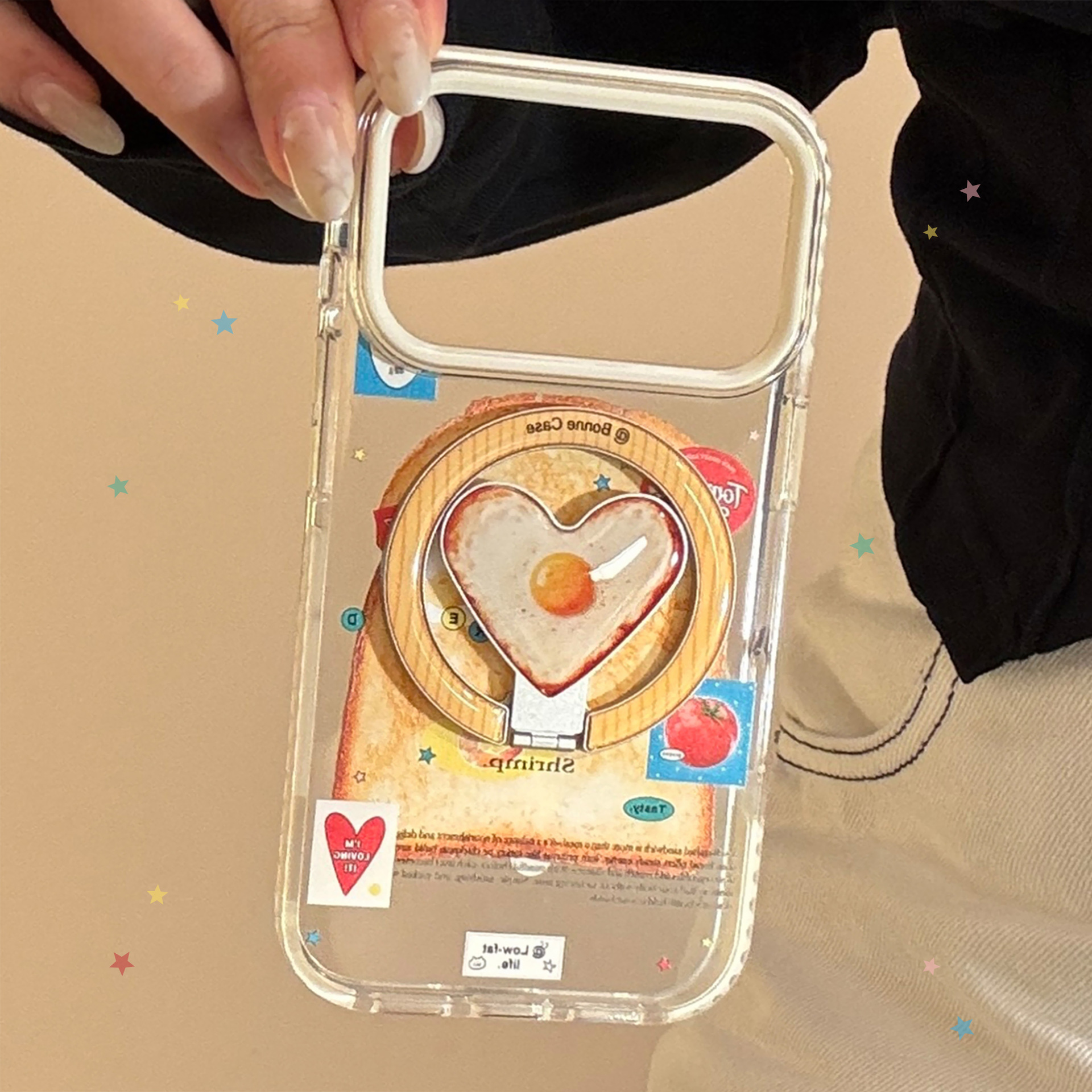 Toast And Fried Egg Heart Shaped Magnetic Phone Stand Case - Transparent Compatible