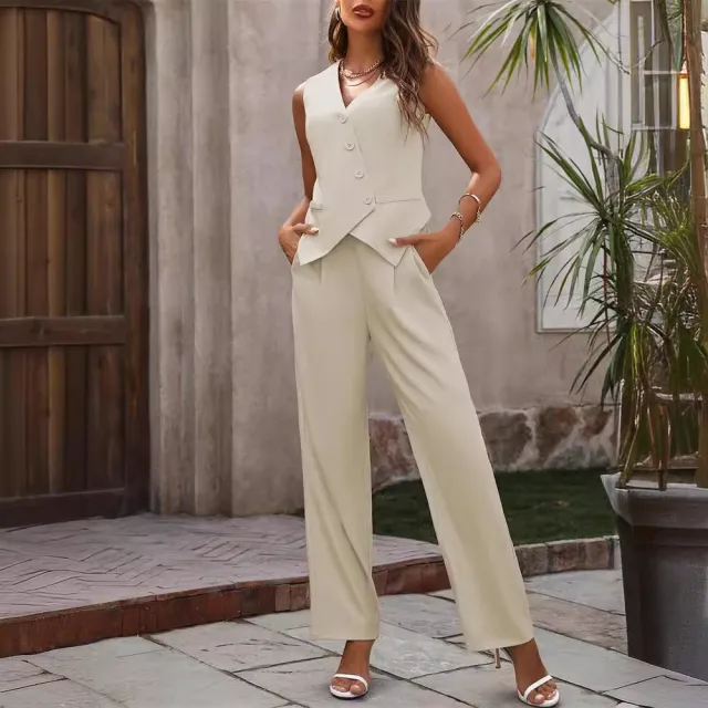Commuter Suits Summer Button And Staight Trousers Womens Clothing Beige - Shop at LoveMi
