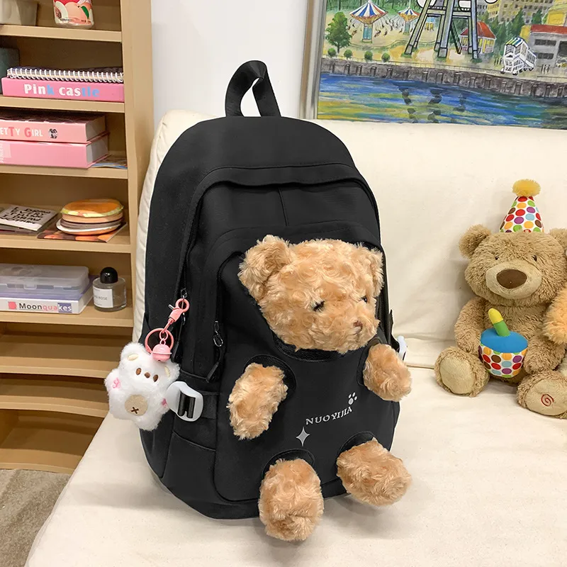 Cute Bear Schoolbag Junior High School College Backpack - Black