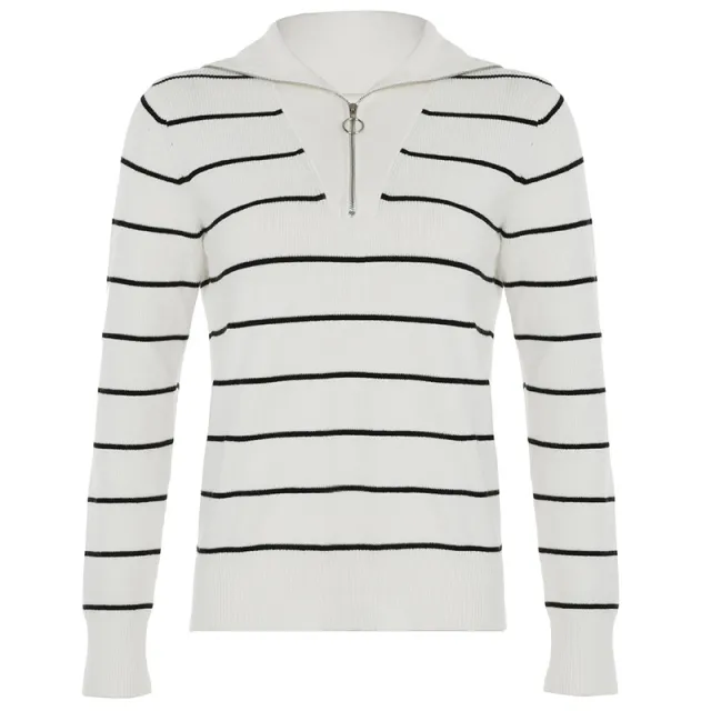 European And American Fashion Casual Striped Lapel Sweater White - Shop at LoveMi