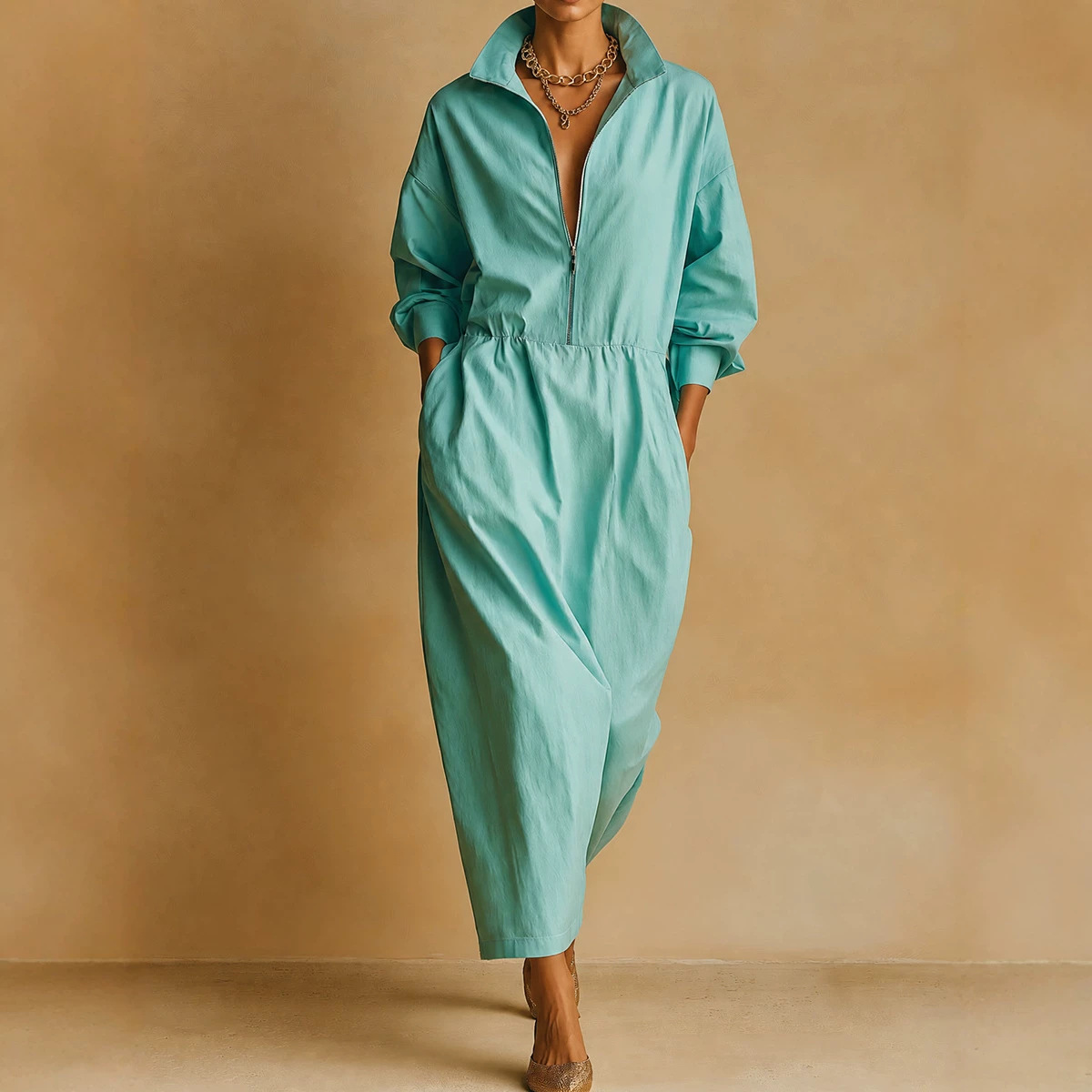 Women's Stand-collar Loose-fitting Midi Dress