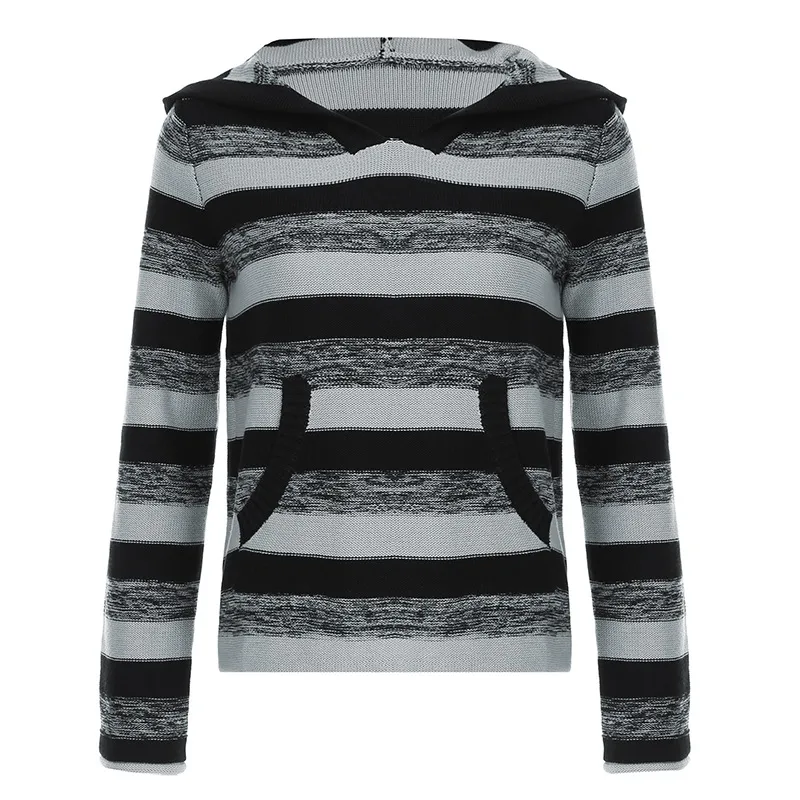 American Street Contrast Color Striped Loose Sweater - Gray