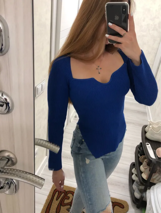 Women's Off neck Pullover Long Sleeve Top Bottoming Sweater Blue - Shop at LoveMi
