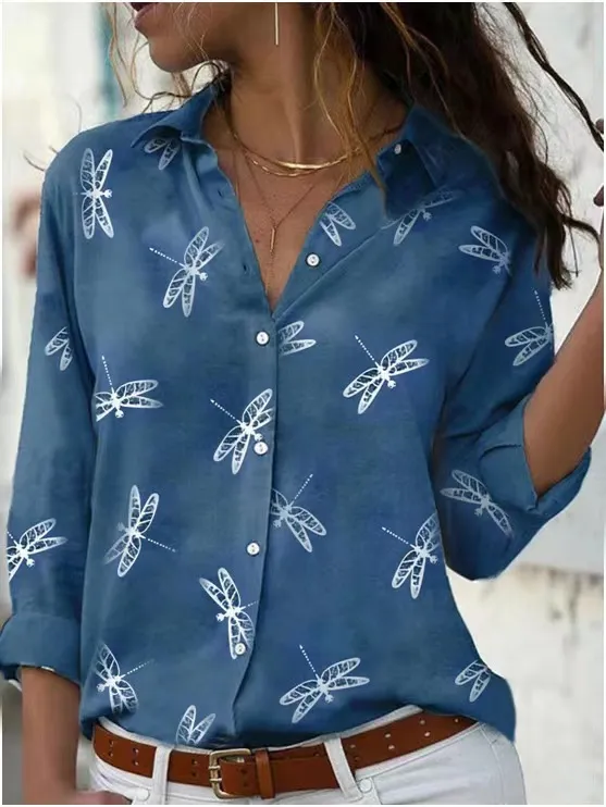 Dragonfly Printed Long Sleeve Lapel Slim Fit Blue - Shop at LoveMi