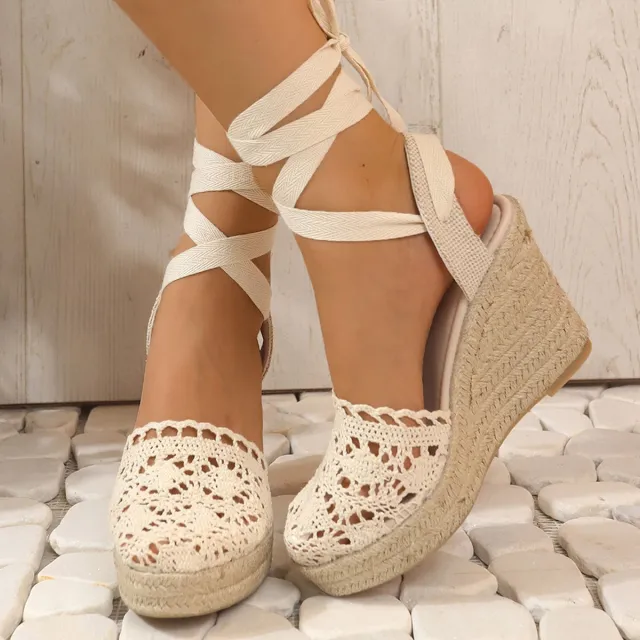 Women's Straw Woven Wedge High Heels Lace Lace up Sandals White - Shop at LoveMi