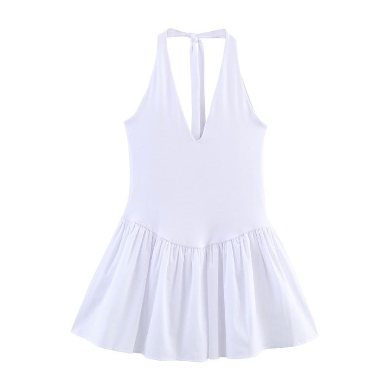 European And American Style Solid Color Sexy Slimming Waist Hanging Collar Stitching Dress White - Shop at LoveMi