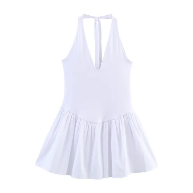 European And American Style Solid Color Sexy Slimming Waist Hanging Collar Stitching Dress White - Shop at LoveMi